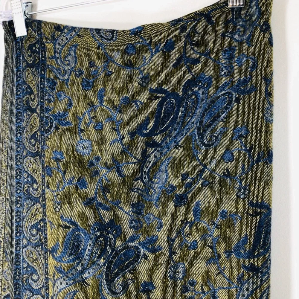 pashmina Olive Green and Navy Blue Paisley Fringe Wrap